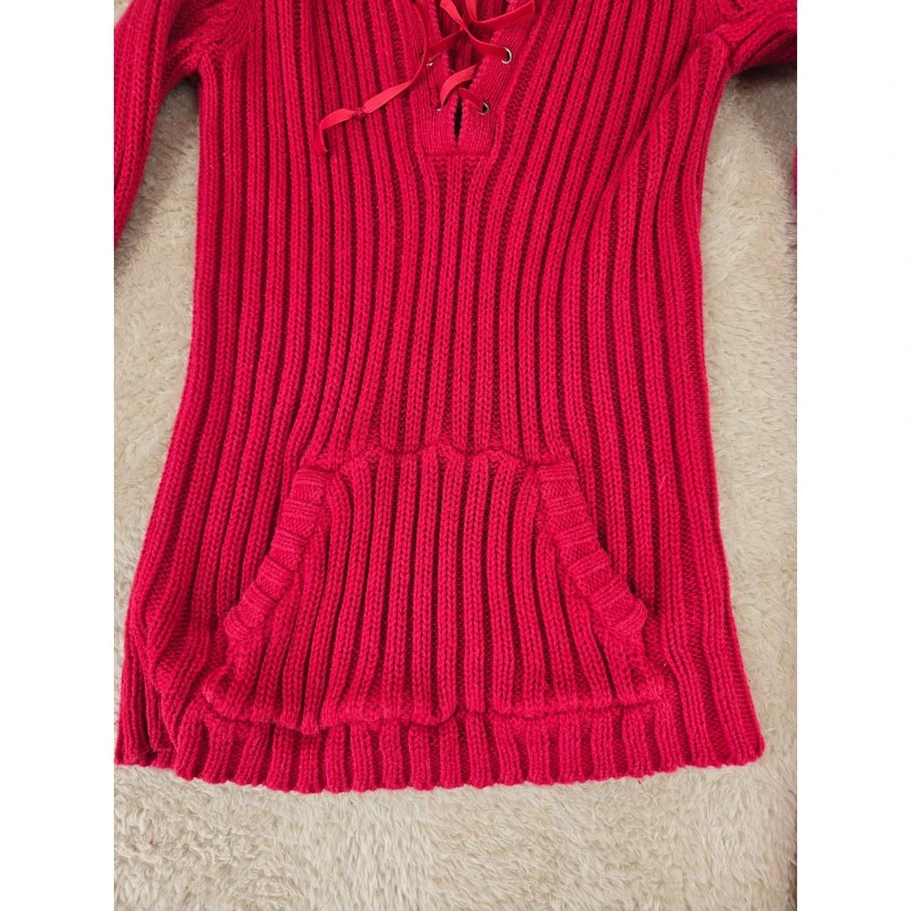 VTG‎ Hollister Co Red Ribbed Lace Up V-Neck Sweater Oversized Collar Womens Med